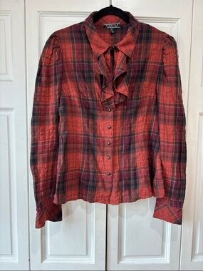 Talbots Red and Black Plaid Ruffle Button-Up Shirt